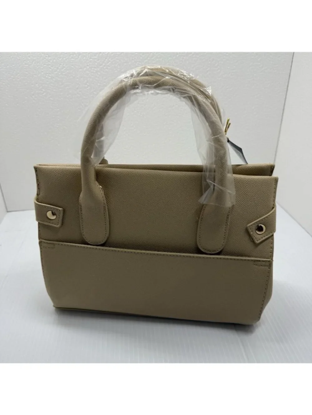 Bebe Evie Satchel NWT Beige Saffiano Gold Turn Lock Crossbody Handbag Work
